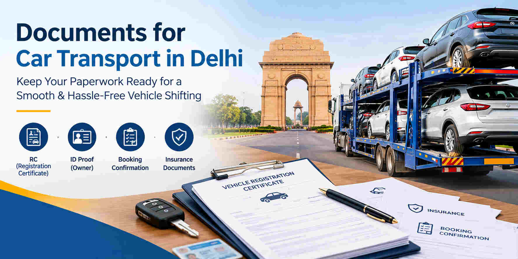 Document for car transport in Delhi showing vehicle RC and car carrier paperwork.